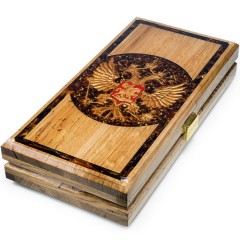 Деревянные нарды классические «Герб России» с янтарной мозаикой