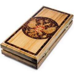 Деревянные нарды классические «Герб России» с янтарной мозаикой