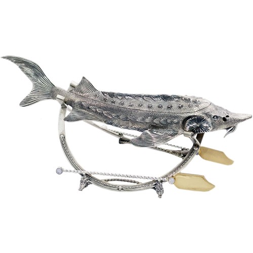 Серебряная икорница «Осётр» в подарочном футляре к праздничному столу