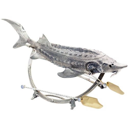 Серебряная икорница «Осётр» в подарочном футляре к праздничному столу