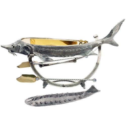 Серебряная икорница «Осётр» в подарочном футляре к праздничному столу