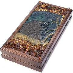 Нарды деревянные ручной работы «Медведь и Волк» с янтарём в подарок охотнику