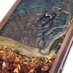 Нарды деревянные ручной работы «Медведь и Волк» с янтарём в подарок охотнику