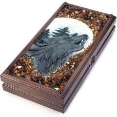 Нарды деревянные ручной работы «Медведь и Волк» с янтарём в подарок охотнику