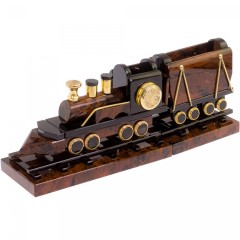 Настольный сувенир «Паровоз» с часами из обсидиана в подарок железнодорожнику