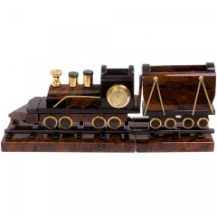 Настольный сувенир «Паровоз» с часами из обсидиана в подарок железнодорожнику