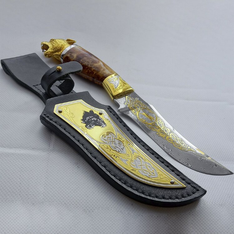 Сувенирный нож «Пантера» с дамасским клинком в кожаном чехле