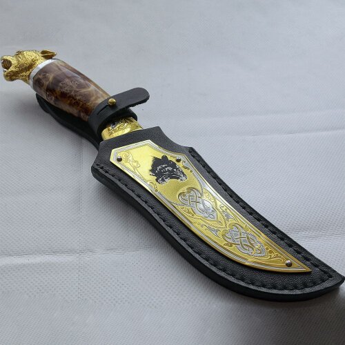 Сувенирный нож «Пантера» с дамасским клинком в кожаном чехле