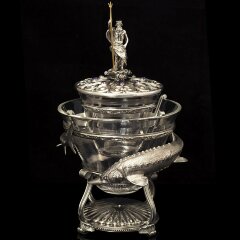 Серебряная икорница «Нептун с осетрами» с сервировочной ложечкой