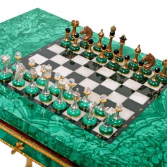 Шахматный стол «Малахит» с бронзовыми фигурами в подарок мужчине