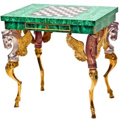 Шахматный стол «Малахит» с бронзовыми фигурами в подарок мужчине