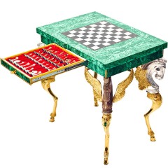 Шахматный стол «Малахит» с бронзовыми фигурами в подарок мужчине