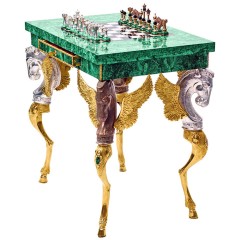 Шахматный стол «Малахит» с бронзовыми фигурами в подарок мужчине