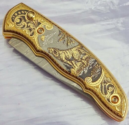 Нож складной дамасский "Волк и полнолуние"