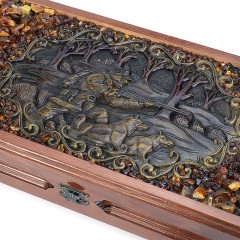 Двухсторонние янтарные нарды из дерева «Охота» в подарок охотнику