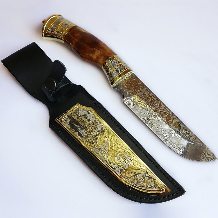Украшенный нож «Дамаск» с позолоченным клинком