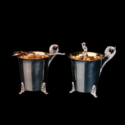 Серебряные чашки для кофе «Дуэт» с ложечками