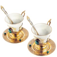 Пара кофейных чашек «Малахит» с позолоченными ложечками