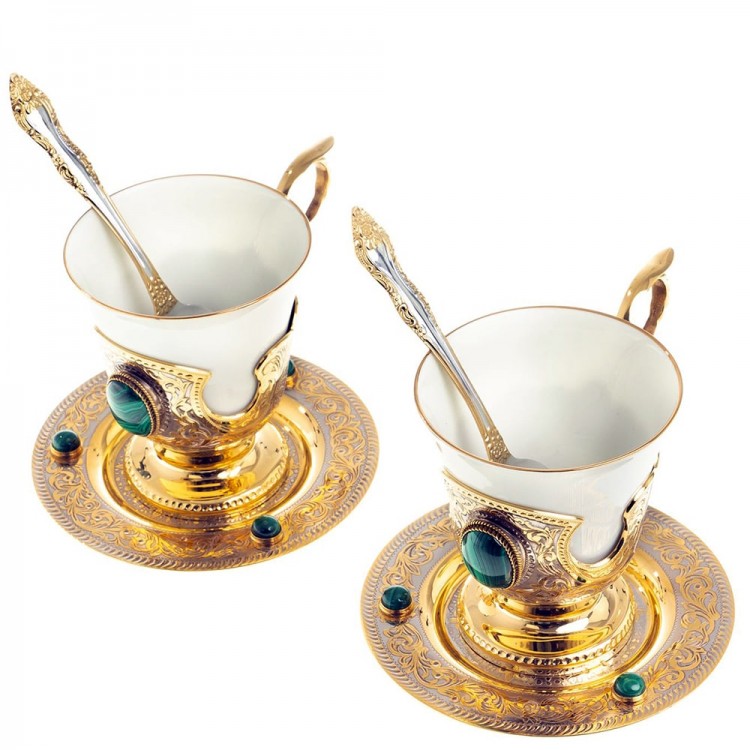 Пара кофейных чашек «Малахит» с позолоченными ложечками