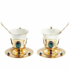 Пара кофейных чашек «Малахит» с позолоченными ложечками