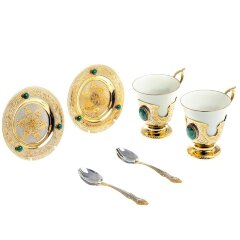 Пара кофейных чашек «Малахит» с позолоченными ложечками