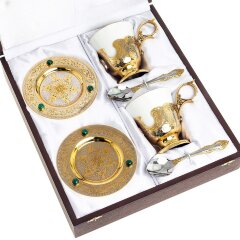 Пара кофейных чашек «Малахит» с позолоченными ложечками