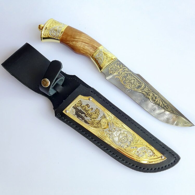 Сувенирный нож «Дамаск» с позолоченным клинком