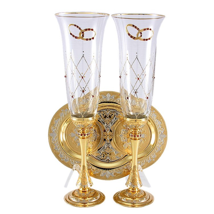 Венчальные бокалы для шампанского «Горько» с позолоченным подносом