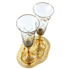 Венчальные бокалы для шампанского «Горько» с позолоченным подносом