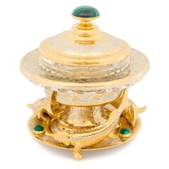 Позолоченная икорница «Три стерлядки» (малахит)