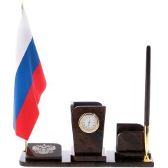 Настольный прибор «Россия» с часами и подставкой для ручки из обсидиана