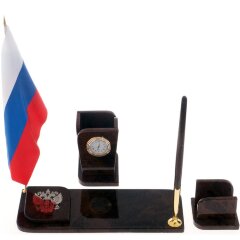 Настольный прибор «Россия» с часами и подставкой для ручки из обсидиана