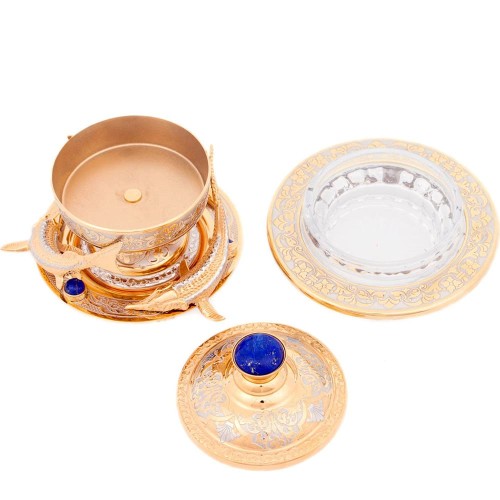 Позолоченная икорница «Три стерлядки» с инкрустацией лазурит для праздничного стола