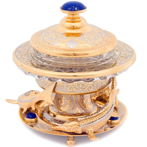 Позолоченная икорница «Три стерлядки» с инкрустацией лазурит для праздничного стола