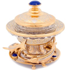 Позолоченная икорница «Три стерлядки» с инкрустацией лазурит для праздничного стола