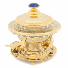 Позолоченная икорница «Три стерлядки» (лазурит)