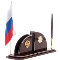 Настольный прибор «Герб РФ» с часами и подставкой для ручки из обсидиана
