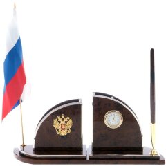 Настольный прибор «Герб РФ» с часами и подставкой для ручки из обсидиана