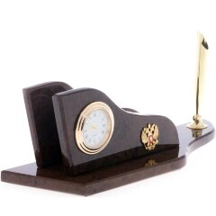Настольная визитница «Гербовая» с часами и подставкой для ручки из обсидиана