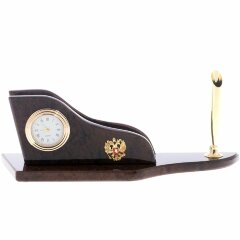 Настольная визитница «Гербовая» с часами и подставкой для ручки из обсидиана