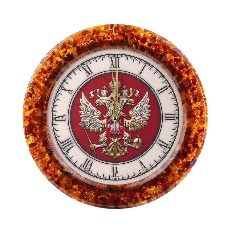 Круглые настенные часы из янтаря «Герб России» для кабинета