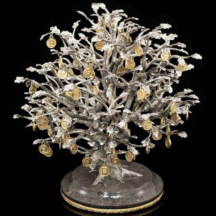 Серебряный сувенир «Денежное дерево» с позолоченными монетами