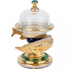 Позолоченная икорница на малахите «Осётр» в подарок мужчине рыбаку