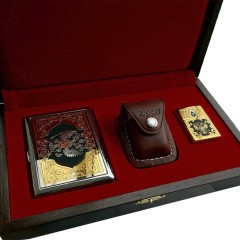 Набор портсигар с зажигалкой «Герб России» с позолотой в подарок мужчине