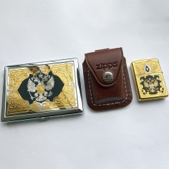 Набор портсигар с зажигалкой «Герб России» с позолотой в подарок мужчине