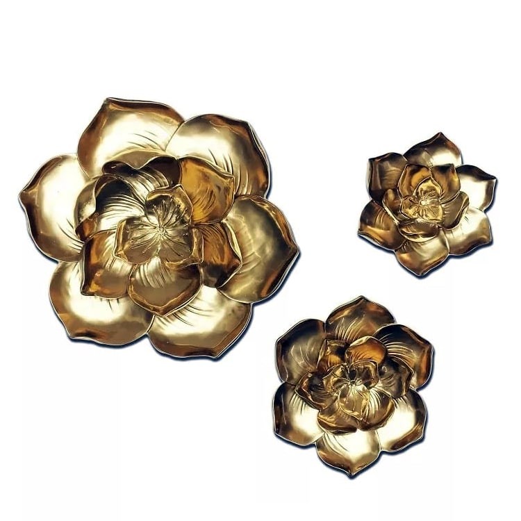 Декоративное 3D панно для настенного интерьера «Цветы» золотого цвета (3 шт)