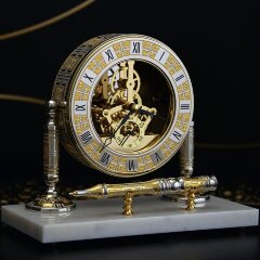 Настольные кабинетные часы «Скелетон» с письменной ручкой