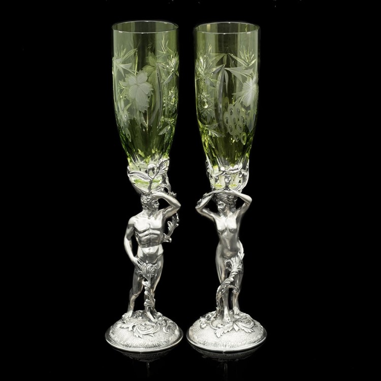 Серебряные бокалы для вина «Адам и Ева» с изумрудным хрусталём