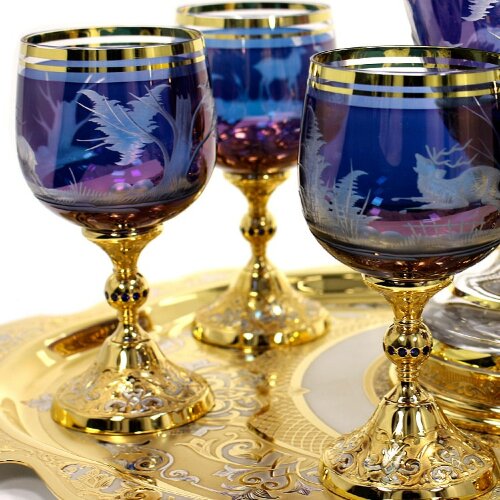 Хрустальный набор для вина «Охота» с позолоченным подносом