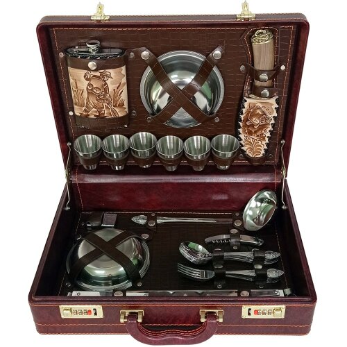 Наборы для путешествий «Классик» с разделочными принадлежностями в кожаном чемодане